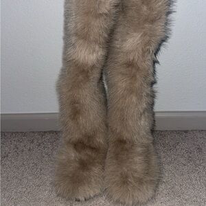 Camel faux fur knee high boots